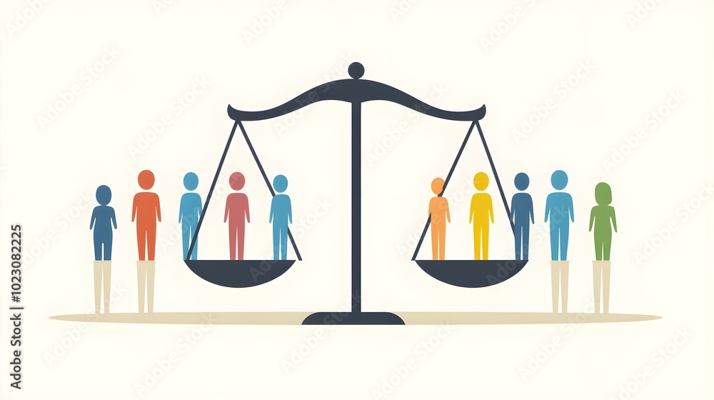 A flat design illustration of justice scales balanced with diverse human figures on both sides, symbolizing inclusivity and morality, set against a simple background. A flat design illustration of justice scales balanced with diverse human figures on both sides, symbolizing inclusivity and morality, set against a simple background.