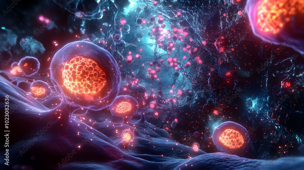 A microscopic view of human cells reacting to experimental drug compounds, with glowing particles illustrating molecular interactions in a high-tech, futuristic lab environment. A microscopic view of human cells reacting to experimental drug compounds, with glowing particles illustrating molecular interactions in a high-tech, futuristic lab environment.