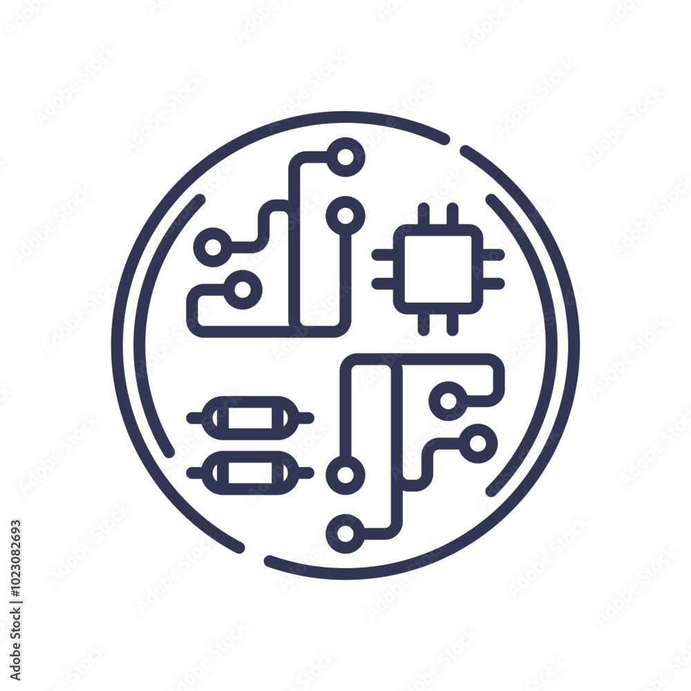 Abstract circuit board design with microchip and resistors, symbolizing technology and electronics. Abstract circuit board design with microchip and resistors, symbolizing technology and electronics.