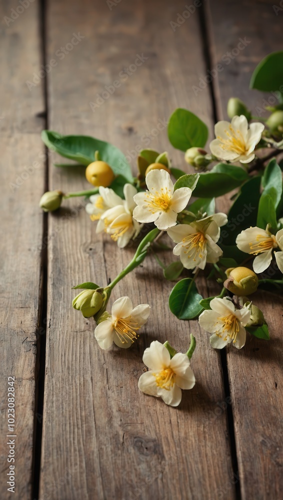Orange or jasmine blossoms with white petals on rustic wooden planks Orange or jasmine blossoms with white petals on rustic wooden planks