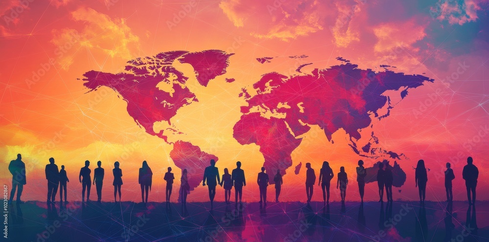 Silhouettes of people standing in front of world map with red and yellow sunset. Silhouettes of people standing in front of world map with red and yellow sunset.