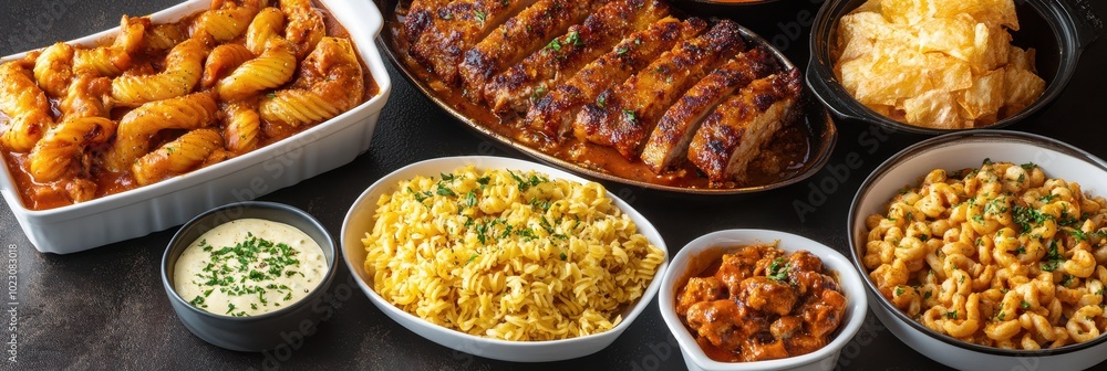 Obraz premium A delicious spread of various dishes including barbecue, rice, and savory sides perfect for a feast or family gathering.