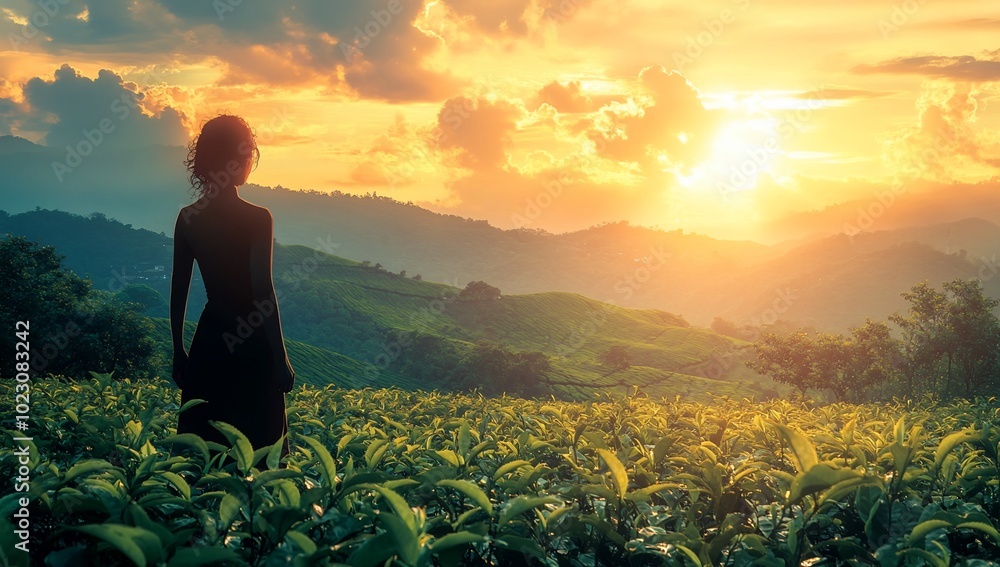 Fototapeta premium A silhouette of a person in a tea field at sunset, surrounded by lush hills and clouds.