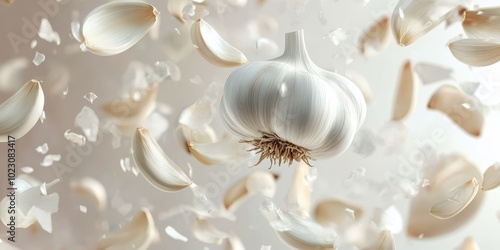 A fresh garlic bulb surrounded by flying garlic cloves, showcasing a dynamic and vibrant food scene.