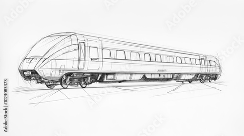 Pencil sketch of a passenger train car, capturing its elongated design and key features such as windows, doors, and the undercarriage.