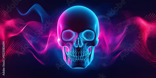 A neon-lit skull glows with abstract soundwave distortions, creating a futuristic Halloween visual 