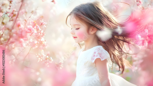 Enchanting Spring Garden: A Little Girl Twirling with Joy Against a Soft Pastel Background