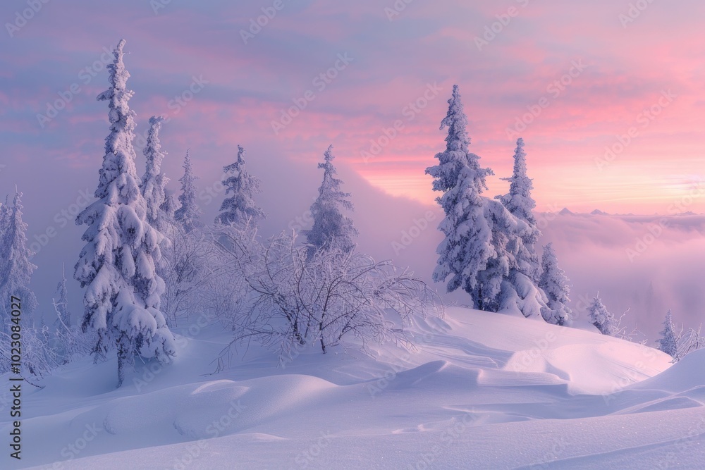 Serene winter landscape with snow covered trees and a pastel sky Serene winter landscape with snow covered trees and a pastel sky