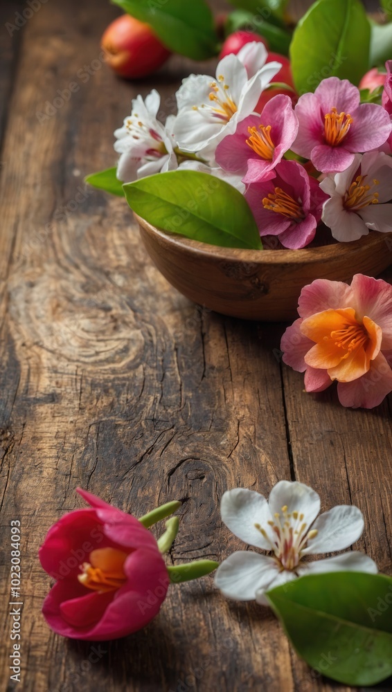 Horizontal split with flowers in bowls and peach blossoms on wooden surface Horizontal split with flowers in bowls and peach blossoms on wooden surface