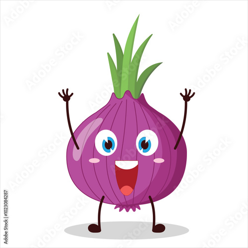 cute rise hand happy expression of red onion cartoon character