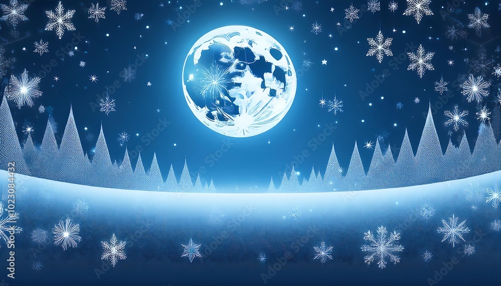 Stylized Winter Scene with Full Moon and Snowflakes Stylized Winter Scene with Full Moon and Snowflakes