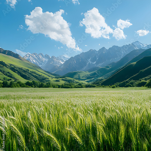 Close-up green grass lawn with clouds on blue sky