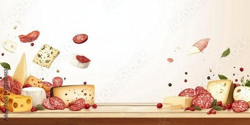 A vibrant assortment of cheeses and cured meats, displayed artistically with herbs, perfect for a gourmet food composition.