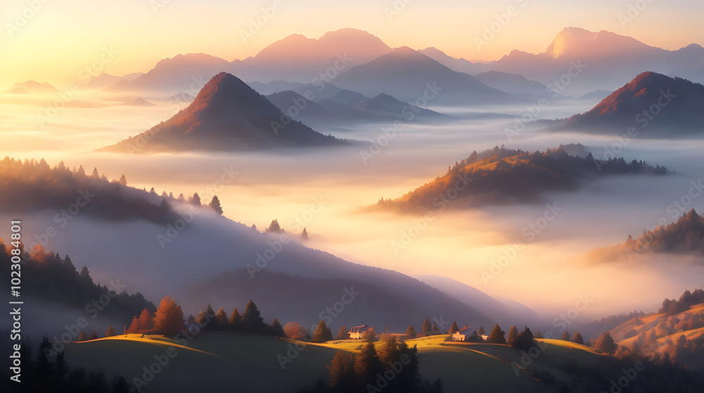 Fototapeta premium Illustration beautiful scenic view of mountains covered with fog during light sunrise high quality background design.