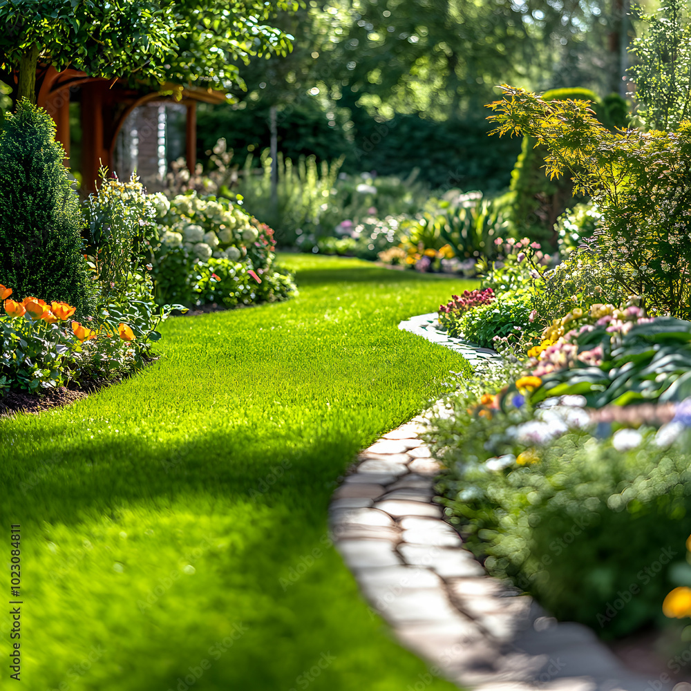 Obraz premium Close-up green grass lawn with clouds on blue sky