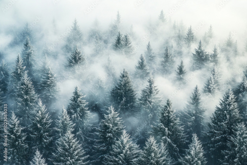 Obraz premium A misty forest landscape with tall trees nature snow fog.