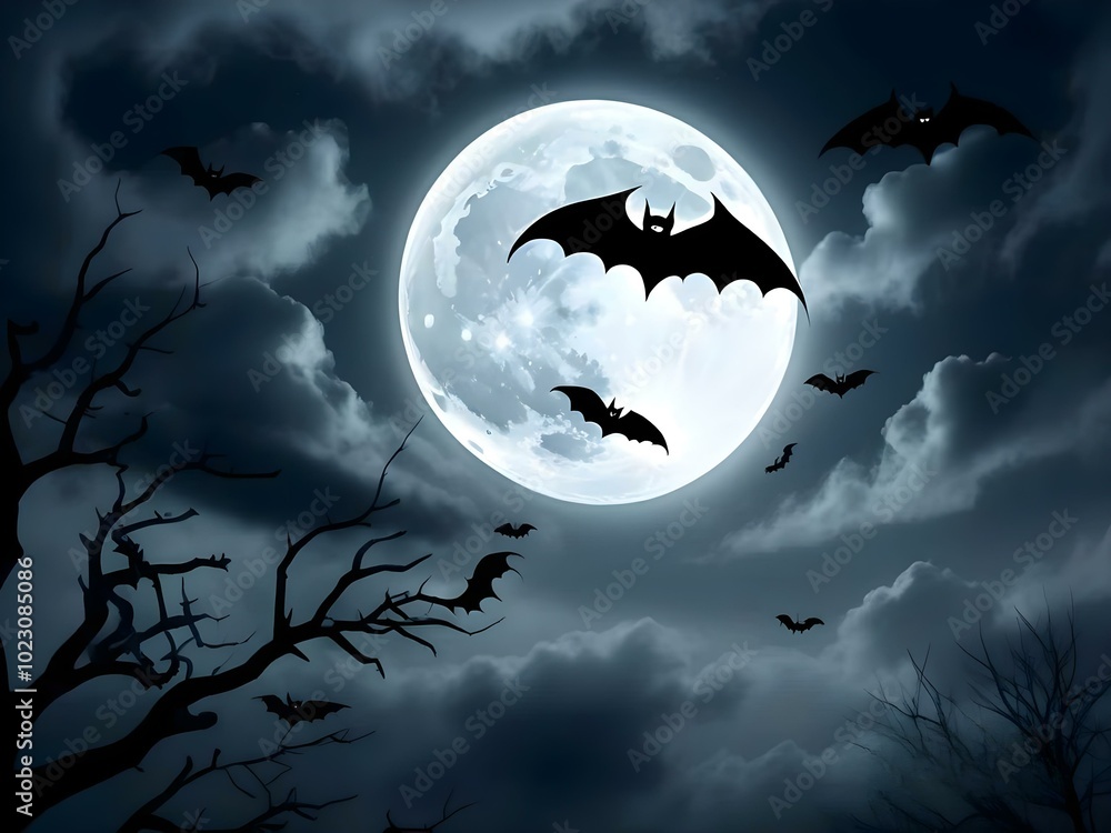 Bats flying across a moonlit sky on Halloween night, enhancing the spooky ambiance of the festive occasion. Bats flying across a moonlit sky on Halloween night, enhancing the spooky ambiance of the festive occasion.