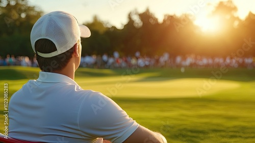 A golfer enjoying a scenic sunset view over the golf course, surrounded by a vibrant crowd of passionate fans.