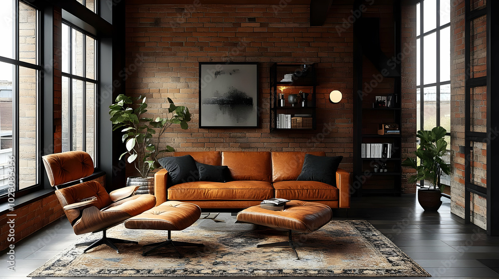 Cozy modern living room with an orange sofa and brick wall decor. Cozy modern living room with an orange sofa and brick wall decor.