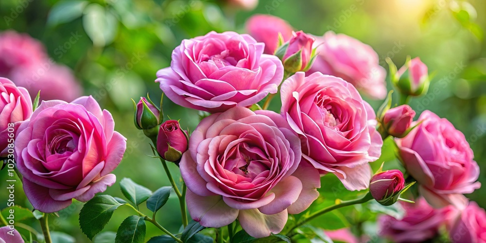 A cluster of delicate pink roses, their petals unfurling in the soft glow of sunlight, showcasing the elegance and beauty of nature's artistry. A cluster of delicate pink roses, their petals unfurling in the soft glow of sunlight, showcasing the elegance and beauty of nature's artistry.