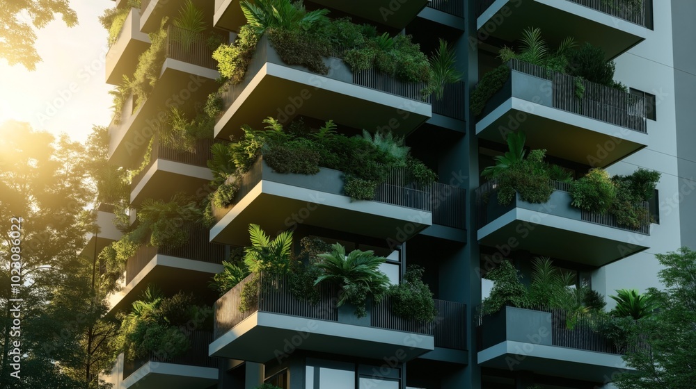 Modern residential building with lush green plants on balconies, creating a vertical garden effect. Modern residential building with lush green plants on balconies, creating a vertical garden effect.