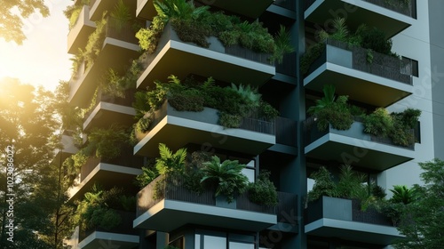 Modern residential building with lush green plants on balconies, creating a vertical garden effect.