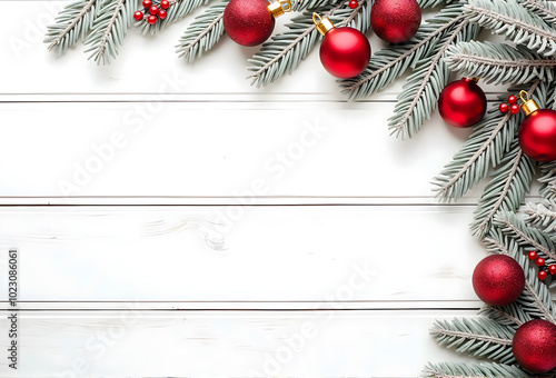 White wooden table with Christmas decorations, Christmas and New Year holiday background