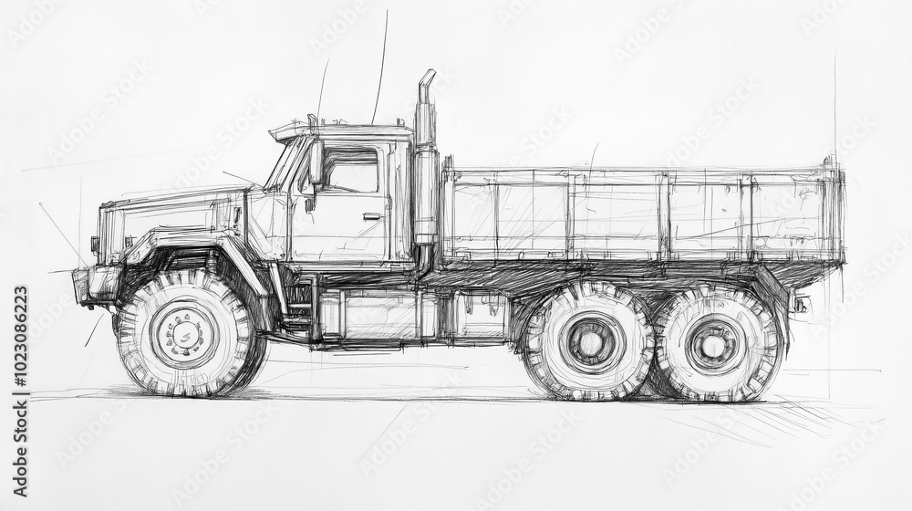 Pencil sketch of a truck, showcasing its robust and boxy design with detailed features such as the cab, large wheels, and cargo bed. Pencil sketch of a truck, showcasing its robust and boxy design with detailed features such as the cab, large wheels, and cargo bed.