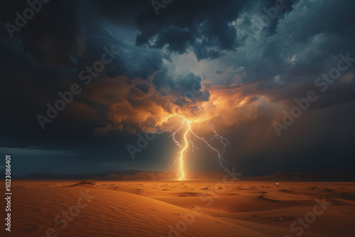 Wallpaper Mural Thunderstorms raged across the vast desert. Lightning struck in a terrifying storm. Torontodigital.ca