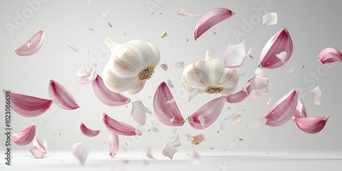 An elegant display of garlic cloves and petals in motion, showcasing freshness and culinary inspiration in vibrant colors.