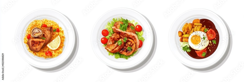 An inviting display of three delicious meals, featuring vibrant colors and fresh ingredients, perfect for culinary inspiration. An inviting display of three delicious meals, featuring vibrant colors and fresh ingredients, perfect for culinary inspiration.