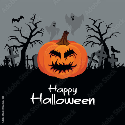 Happy Halloween background with scary pumpkin in a cemetery vector illustration. Creepy pumpkin and graveyard vector. Night spooky landscape with graves. Template for background, banner, card