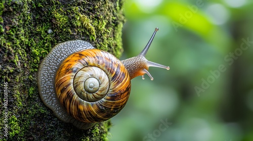 A close-up of a snail with a spiral shell climbing a mossy tree trunk in a lush green forest.