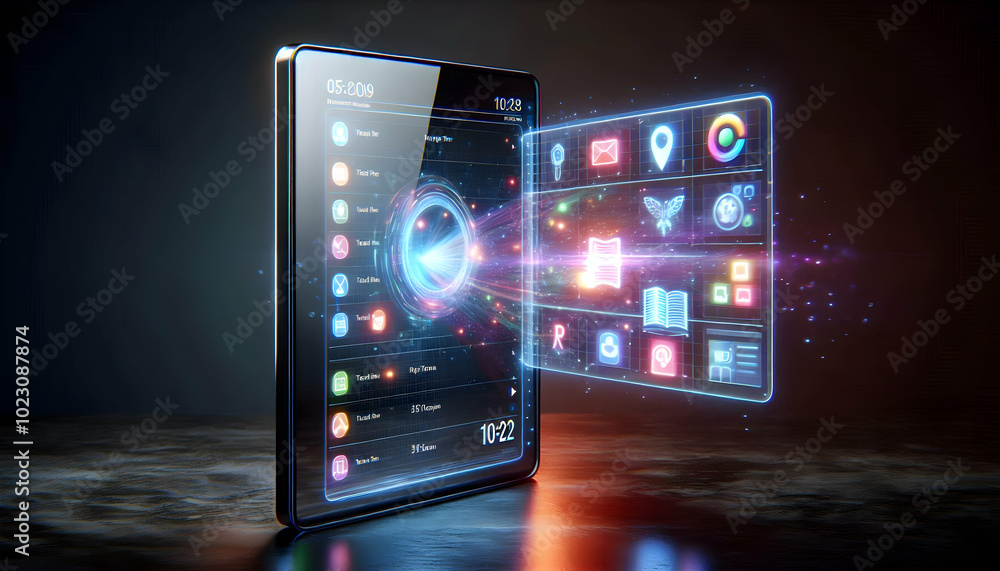 Holographic Smart Mirror Displaying Floating Daily Planner with Copy Space for Branding - Cutting-Edge Personal Organization Technology Holographic Smart Mirror Displaying Floating Daily Planner with Copy Space for Branding - Cutting-Edge Personal Organization Technology