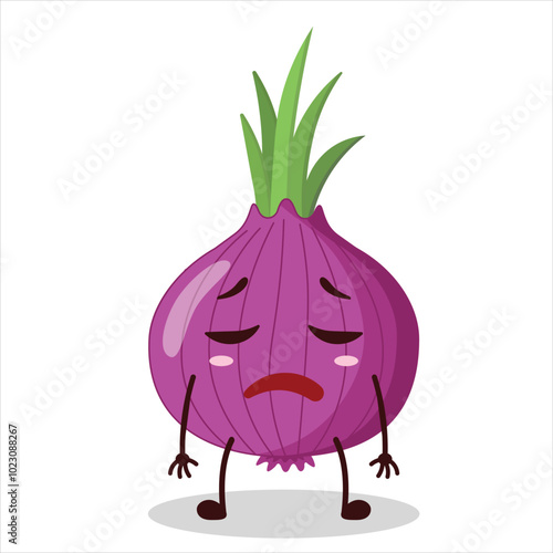 cute tired expression of red onion cartoon character