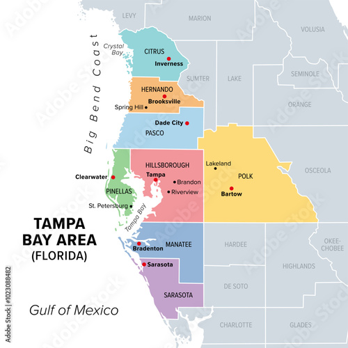 Tampa Bay area, Florida, United States, multi colored political map. Major metropolitan area surrounding Tampa Bay on the Gulf Coast of Florida. Map with counties, their capitals, and major cities.