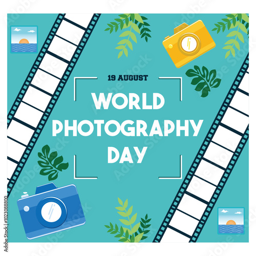 Celebrating World Photography Day, August 19. Camera, photo, and cliche photography elements. World Photography Day concept. flat vector modern illustration