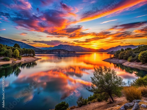 Stunning Sunset Over Llosa del Cavall Reservoir in Spain - Scenic Nature Landscape for Travel Enthusiasts photo