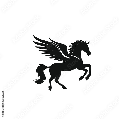 A black silhouette of a winged horse, or Pegasus, with its wings spread out and its head raised in a majestic pose 