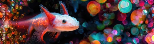 A vibrant axolotl swims through a colorful underwater scene, showcasing its unique features amidst a backdrop of bubbles. photo