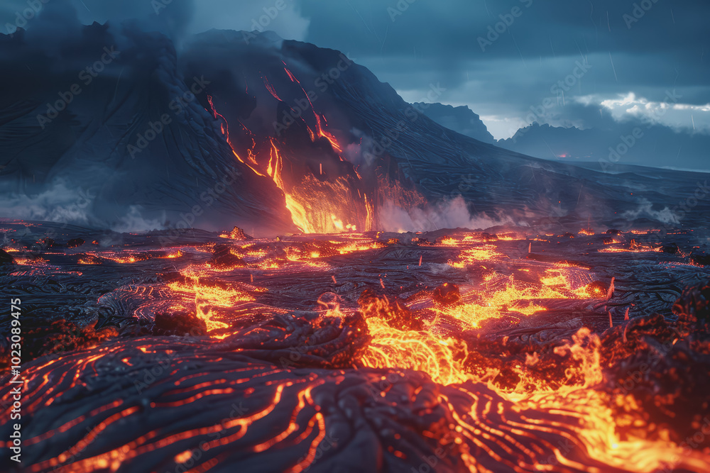 Photo of a volcano with the surface of lava flowing in the background. During the volcanic eruption. Photo of a volcano with the surface of lava flowing in the background. During the volcanic eruption.