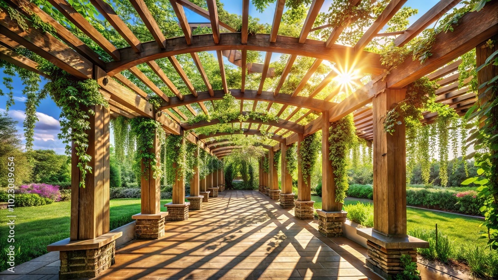 A sun-drenched pathway through a wooden pergola adorned with verdant vines, casting intricate shadows on the stone-paved ground