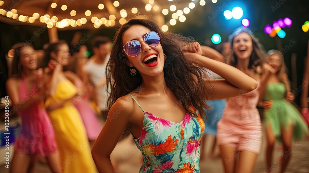 Obraz premium A joyful woman dances at a vibrant summer party, wearing sunglasses and a colorful dress amidst friends and festive lights.