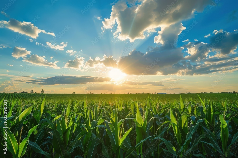 A field of corn is in the foreground with a bright sun in the background, generative ai image A field of corn is in the foreground with a bright sun in the background, generative ai image