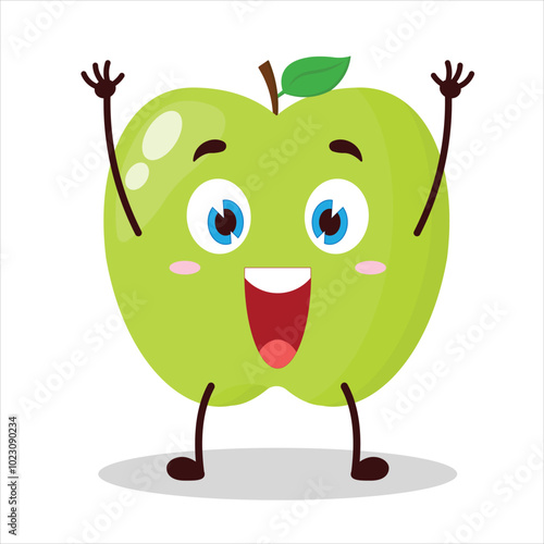 cute rise hand happy expression of green apple cartoon character