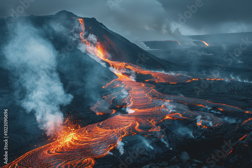 Photo of a volcano with the surface of lava flowing in the background. During the volcanic eruption.