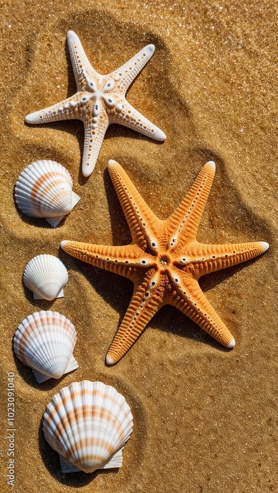 Starfish and seashells on golden beach background for invitation or card screensaver Starfish and seashells on golden beach background for invitation or card screensaver