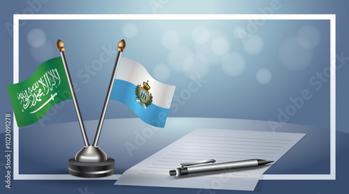 Saudi Arabia and San Marino Small national flag on bokeh background, cooperative relationship