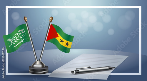 Saudi Arabia and Sao Tome and Principe Small national flag on bokeh background, cooperative relationship