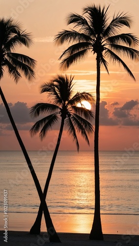 Sun setting behind palm trees on tranquil beach background for invitation or card screensaver